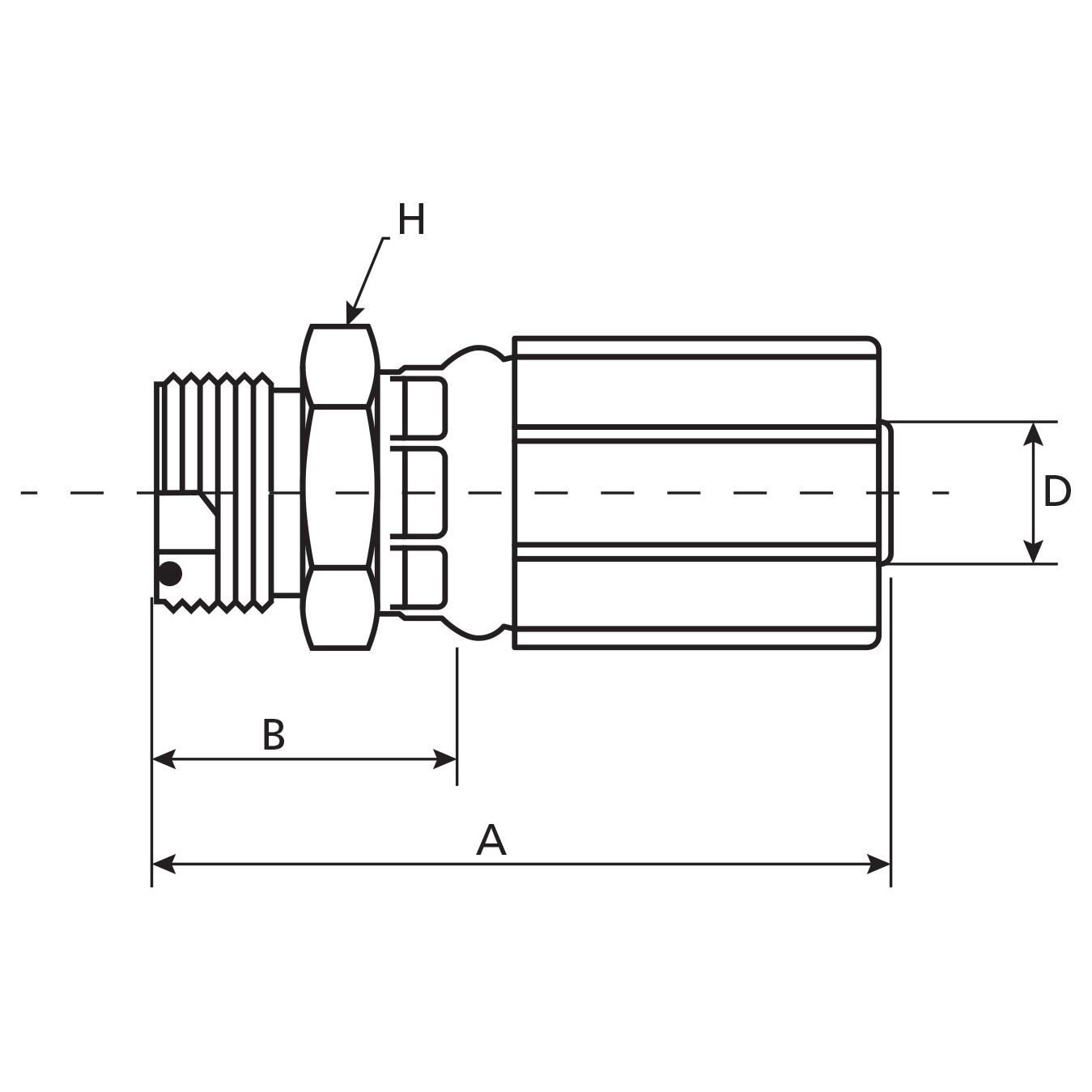 Line drawing of a cylindrical mechanical component labeled with dimensions A, B, D, and H. The component has a threaded end and multiple grooved sections, resembling the design of Gates ORFS Hose Insert 3/8'' x 11/16'''' Male Straight - S.116374 from Sparex.