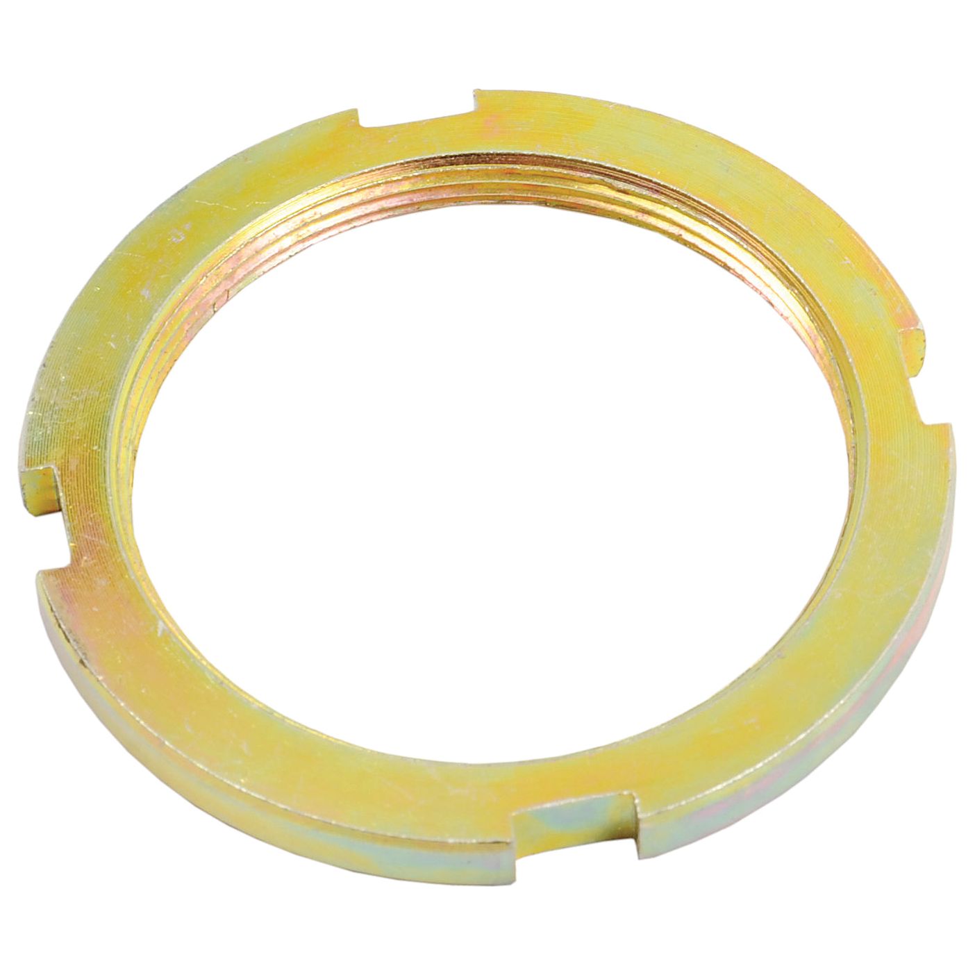 The Sparex Gear Knob Nut (Sparex Part No. S.42314) is a metallic, round lock nut with internal threading and four notches on the outer edge, designed for securing components in mechanical assemblies such as Massey Ferguson gear sticks.