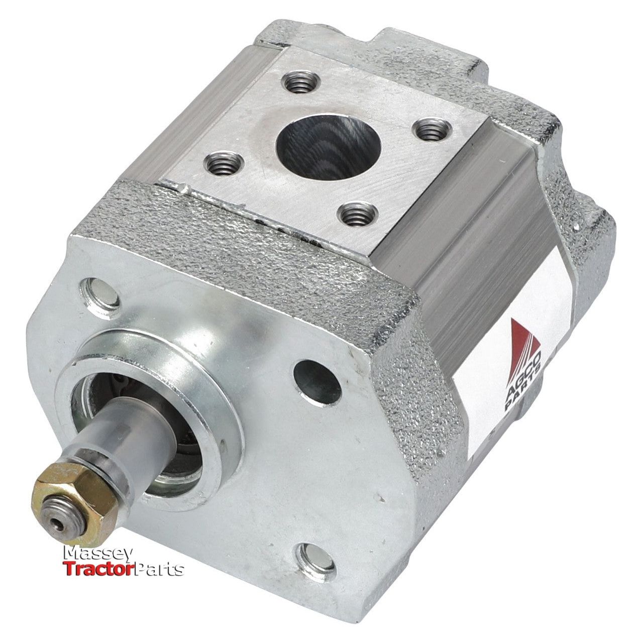 The Fendt - Gear Pump - G737940101020, branded as an AGCO product, features a metallic body complete with a logo and branding label. This component includes a cylindrical protrusion and multiple holes for attachment. The logo reads "AGCO" while the branding states "Massey Tractor Parts." It is compatible with Fendt Vario S4 series tractors.