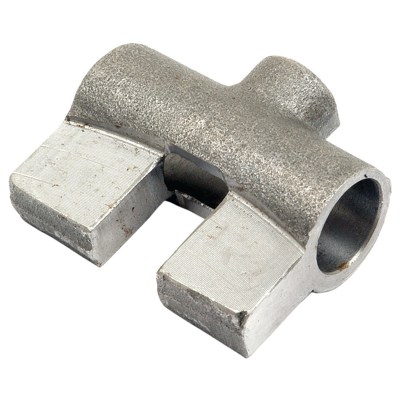 The Sparex Gear Selector Fork (Jaw), part number S.41983, is a metallic component featuring a cylindrical hole and two flat rectangular extensions, forming a T-shape with additional cut sections, making it ideal for use in Landini or Massey Ferguson machinery.