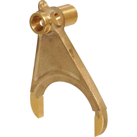 A brass fork-shaped mechanical part, resembling the Sparex Selector Fork S.43457 for a Massey Ferguson TE20, features a circular hole at its top and a curved cutout at its base.