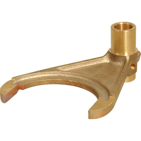 Bronze selector fork-shaped mechanical component with a cylindrical sleeve, compatible with Massey Ferguson TE20 models.  Known as the Selector Fork (Sparex Part No.S.43457) by Sparex.