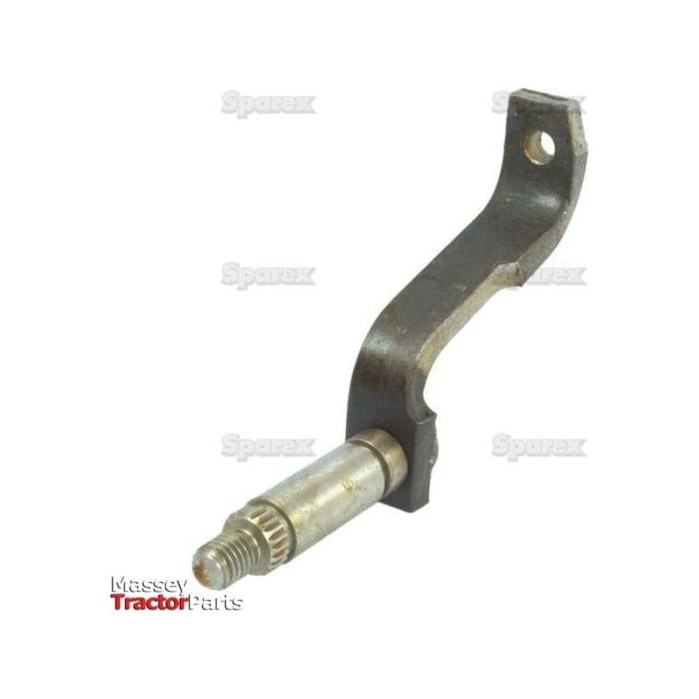 A metal tractor part with a curved arm and a threaded end, labeled as Gear Selector Shaft (Sparex Part No. S.57323) by Sparex.