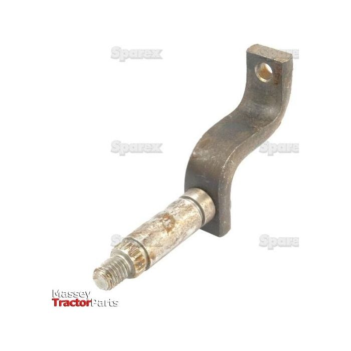 A metal gear selector shaft with a curved arm and a threaded bolt. Text on the image reads "Massey Tractor Parts" and "Spares." Ideal for rear applications, compatible with brands like International Harvester and Case IH. Product Name: Gear Selector Shaft | Sparex Part No.S.57324, Brand Name: Sparex.