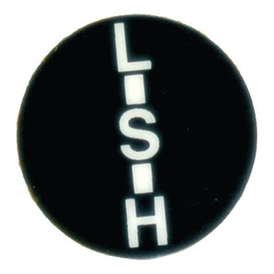 Circular black button with the vertical acronym "LISH" in white capital letters, reminiscent of a classic Sparex Gear Stick Decal (Sparex Part No. S.41756).