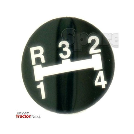 A black circular gear shift diagram displays the positions R, 1, 2, 3, and 4. At the bottom left, "Massey Tractor Parts" is written in red and gray text. This Gear Stick Decal (Sparex Part No. S.41757) by Sparex is an essential accessory for Massey Ferguson tractor models.