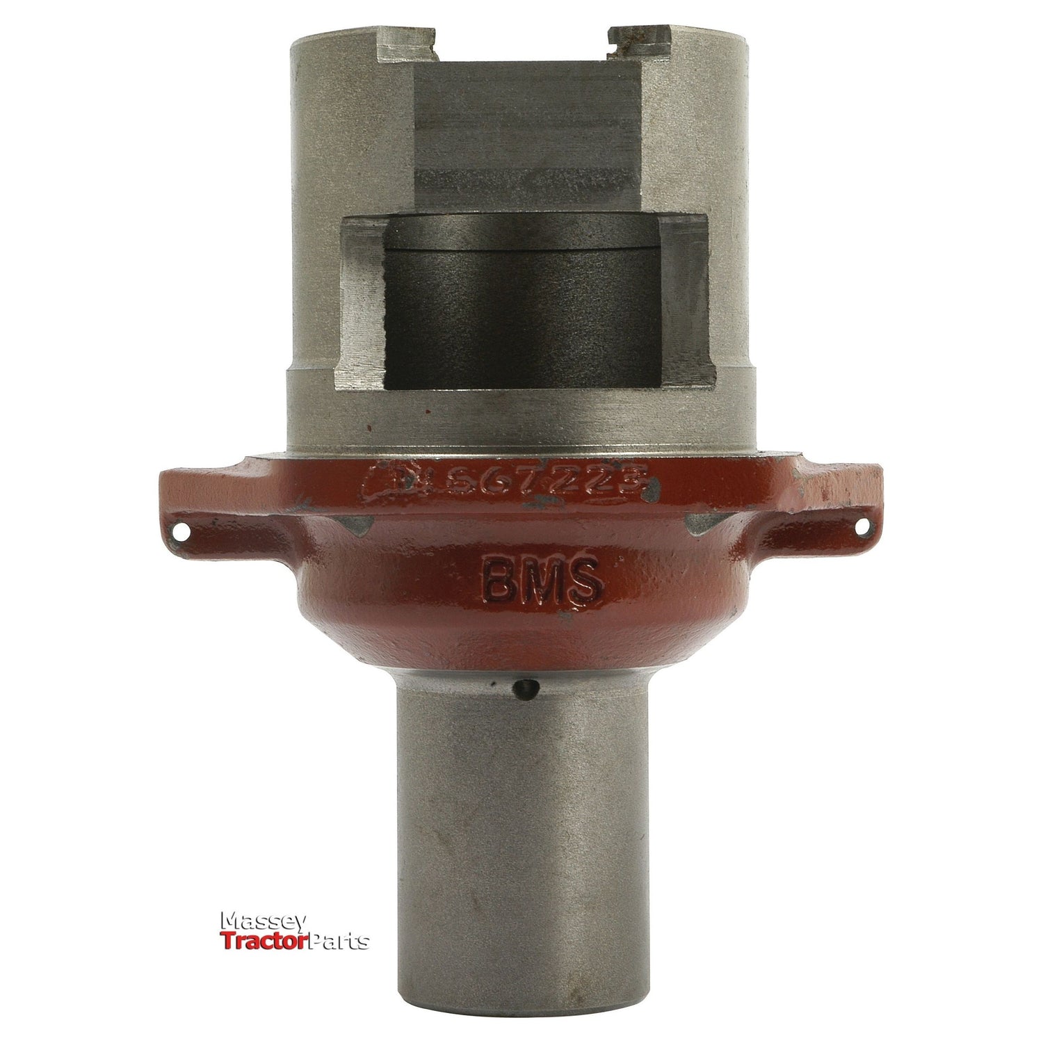 A metal tractor part with a cylindrical base and a red flange marked "BMS," compatible with Massey Ferguson's Gearbox Input Housing (Sparex Part No.S.41870).