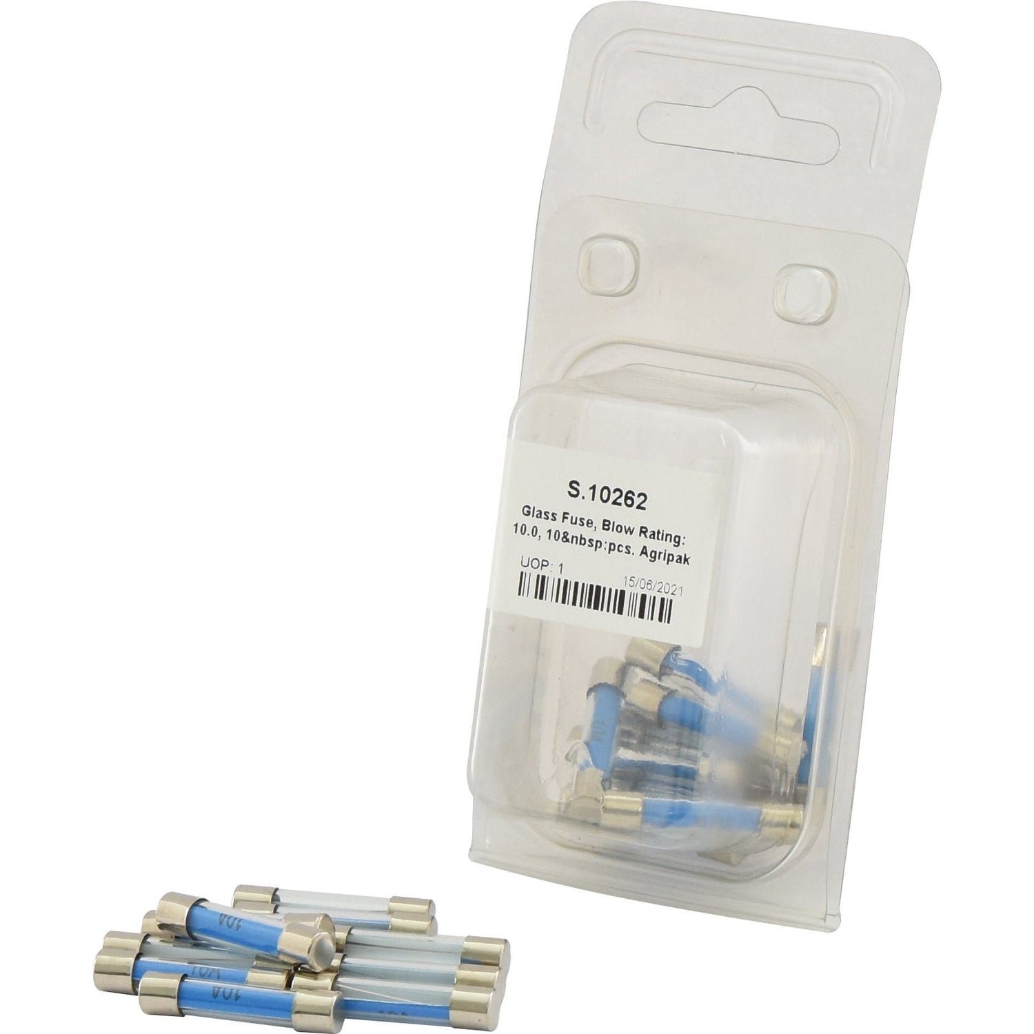 A package of glass fuses with blue labels is displayed, featuring several fuses placed outside the package. The label reads, “Glass Fuse, Blow Rating: 10, 10 pcs., Agripak.” Additionally noted is a Sparex Part No. S.10262 and a Blow Rating of 10.5 Amps for enhanced versatility.
