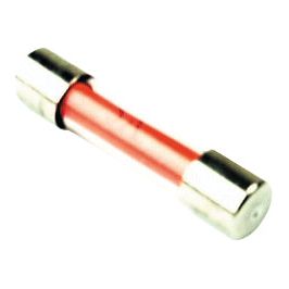Close-up of a Sparex glass fuse with metal caps on both ends, a red internal filament, and a blow rating of 10 amps (Sparex Part No. S.11152).