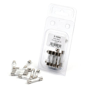 A package of glass fuses labeled "Glass Fuse, Blow Rating: 35, 10 pcs. Agripak | Sparex Part No.S.10264" from Sparex, with several additional fuses scattered outside the package.