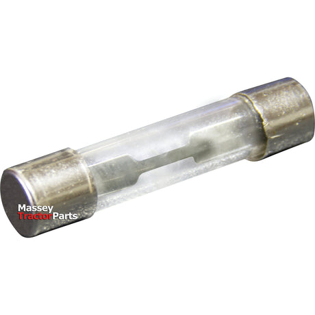 Close-up of a Sparex glass fuse with metal caps at each end, displaying the internal wire element. The text "Massey Tractor Parts" is visible on the left side, and the glass type fuse from Agripak has a blow rating of 5.0.