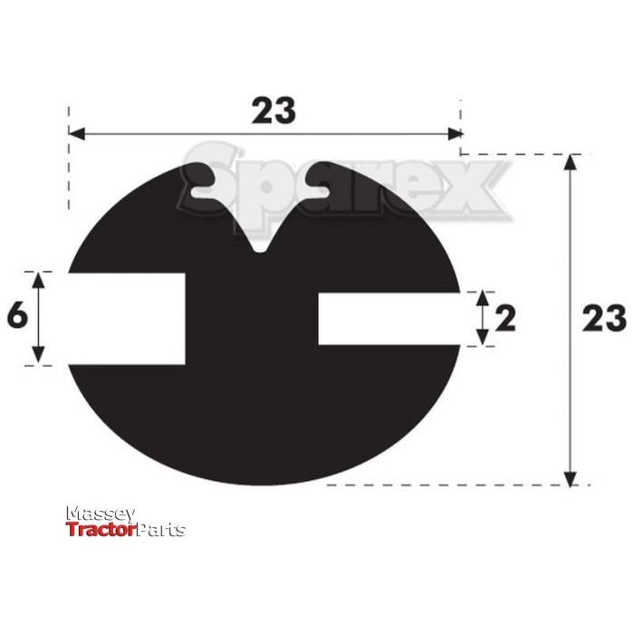 Black diagram of a Glazing Rubber - H Type featuring dimensions: width 23 mm, height 23 mm, top notch 6 mm, bottom notch 2 mm. Sparex logo in the bottom left corner. Compatible with Massey Tractor Parts H Type models (Sparex Part No.S.10174).