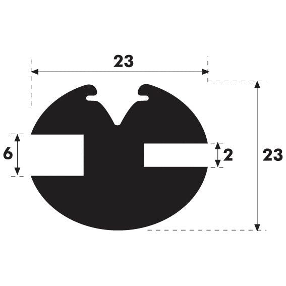 A technical drawing of the Glazing Rubber - H Type (Sparex Part No. S.10174) by Sparex, depicting a black circular object with keyhole cutouts designed for Ford / New Holland glazing rubber installation. The marked dimensions are as follows: 23mm height, 23mm width, 6mm keyhole slot, and an internal keyhole width of 2mm.