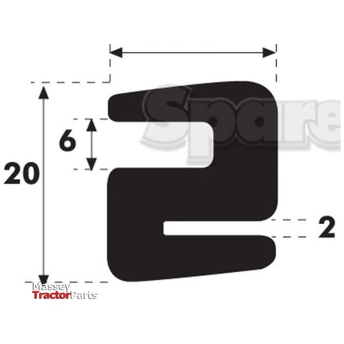 A black cut-out component labeled as Glazing Rubber - S Type (Sparex Part No. S.101037) with measurements: height 20, width 6, top notch width 6, and bottom notch width 2. The background features partially obscured text and the Massey Ferguson logo alongside "Massey Tractor Parts.