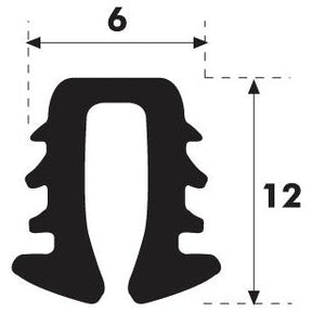 Profile of a Glazing Rubber - U Type in black, by Sparex (Part No. S.101041), featuring a U-shaped cross-section with dimensions of 6 mm width and 12 mm height. Suitable for Ford / New Holland applications.