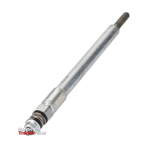 A metal cylindrical automotive part featuring threaded sections and a black tip at one end. Ideal for diesel engines and cold starting, this Massey Ferguson Glow Plug (4227450M1) from AGCO is highlighted with the text "Massey Tractor Parts" in the lower-left corner.