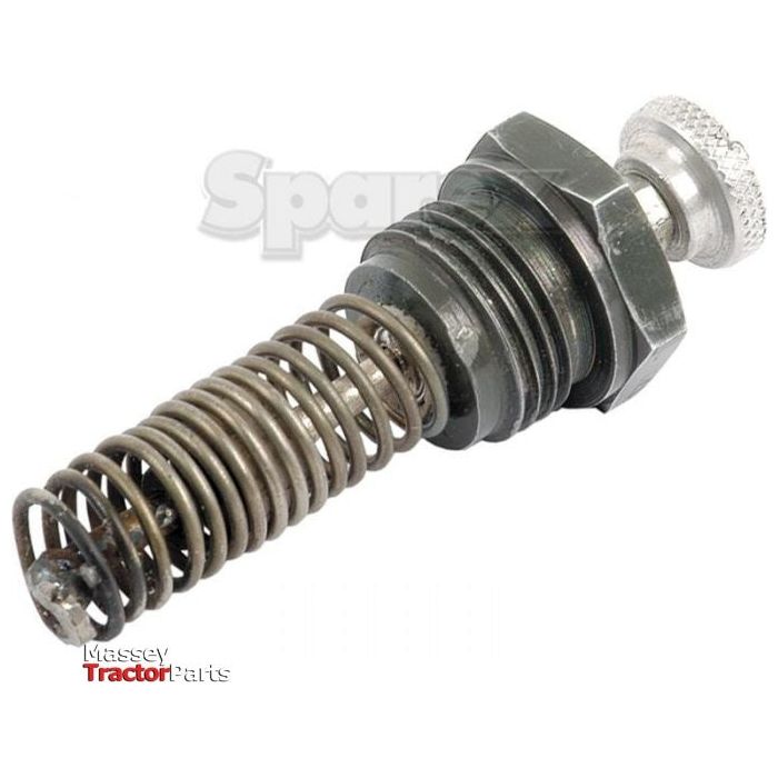 The Sparex Glow Plug - S.67802 is a metal spring-loaded component used in machinery, featuring a cylindrical body with threading and a knob at one end. It offers adjustable thread size for versatile applications.