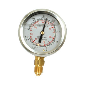 A round Sparex Glycerin pressure gauge with dual scales measuring in both psi and bar, indicating 0. The gauge has a brass fitting at the bottom with a 1/4" thread size.