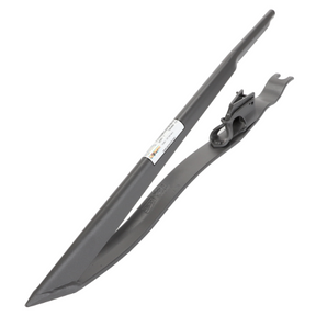 Two black, elongated objects lie side by side. One appears to be a mounting bracket and the other a pointed rod, reminiscent of the AGCO Massey Ferguson Grain Lifter - D26734201. Both items have a smooth, matte finish.