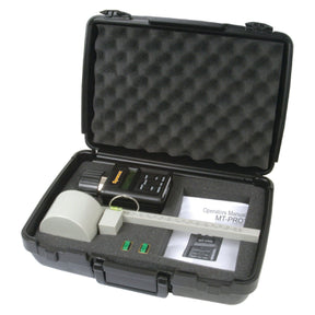 The Grain Moisture Tester and Scale Kit - S.24640 from Sparex comes in a hard-shell carrying case, containing the digital grain moisture tester, an operator's manual, a white cylindrical attachment, various small components, and a memory card, all securely fitted in foam cutouts.