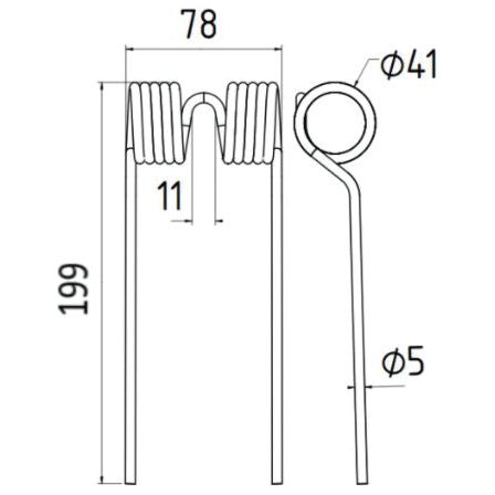 Technical drawing of a Sparex Pick-Up Tine component with a coiled section, designed as a replacement for Massey Ferguson. Dimensions indicated: height 199 mm, width 78 mm, coil height 11 mm, coil diameter 41 mm, and leg diameter 5 mm. Intended to fit as Massey Ferguson part number 585136M1 (Sparex Part No.S.22301).