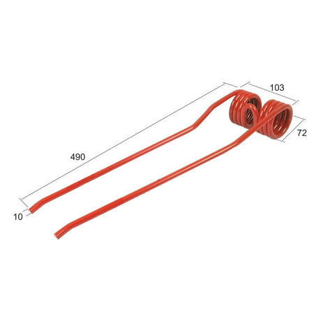A red double torsion spring with three coils, labeled as Sparex. The spring, known as the Swather/Tedder Tine, measures 490mm in length, 103mm end-to-end width, has an internal width of 72mm, and a wire diameter of 10mm. It serves as a replacement for JF and Stoll parts with fitting number 14330308 and Sparex Part No.S.21310.