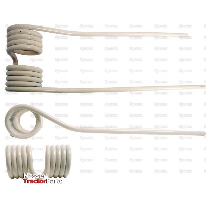 Three white coil springs of varying sizes and shapes are displayed against a white background. The bottom left corner features the Sparex logo, indicating that these are Tedder haytines, specifically the LH model with dimensions 400mm in length, 122mm in width, and Ø9.5mm, suitable as a replacement for SIP and Twose models fitting as: 154795902 (Sparex Part No.S.22888).