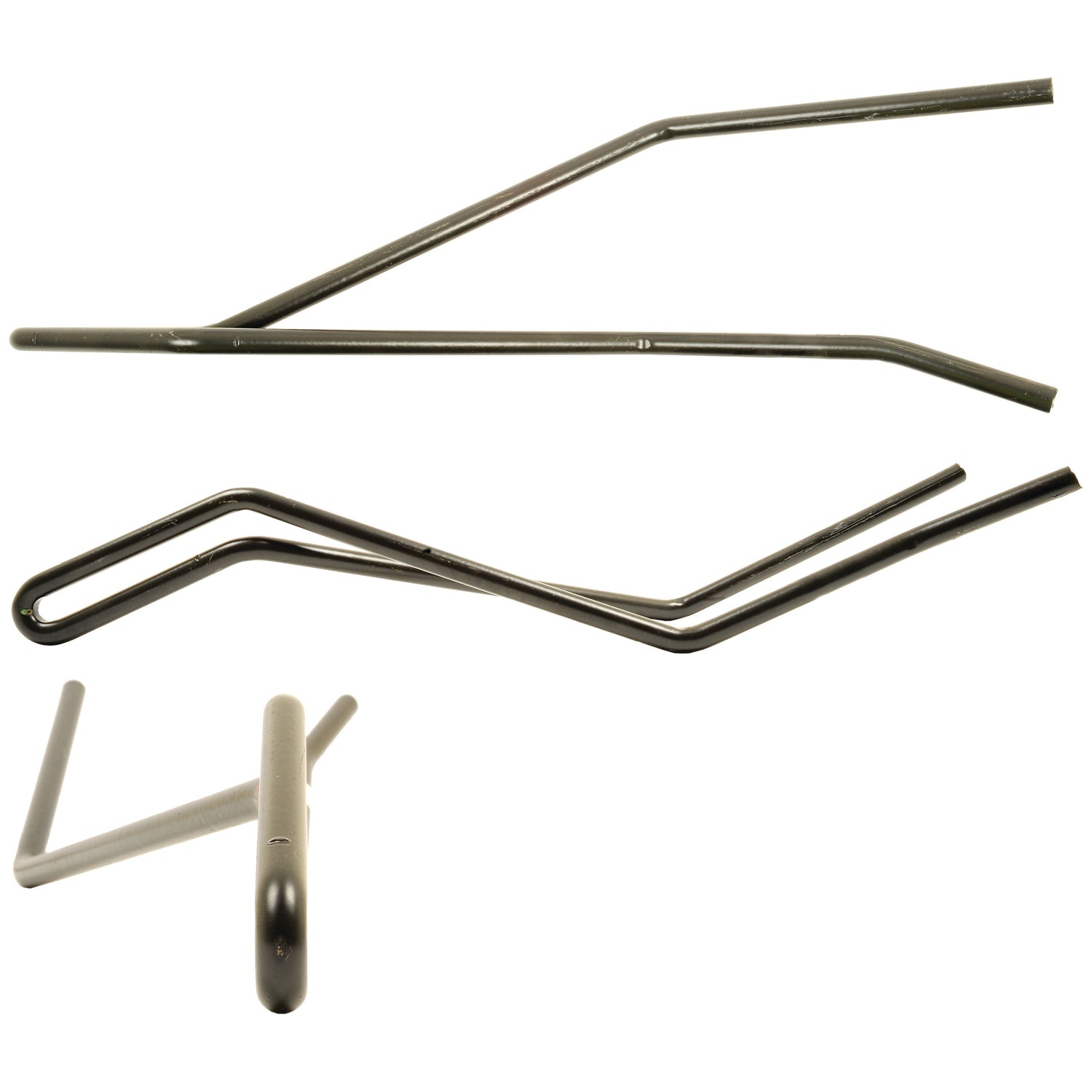 Three bent metal rods, reminiscent of the industrial design of a Sparex Tedder Haytine - LH, vary in shape and length against a plain white background.