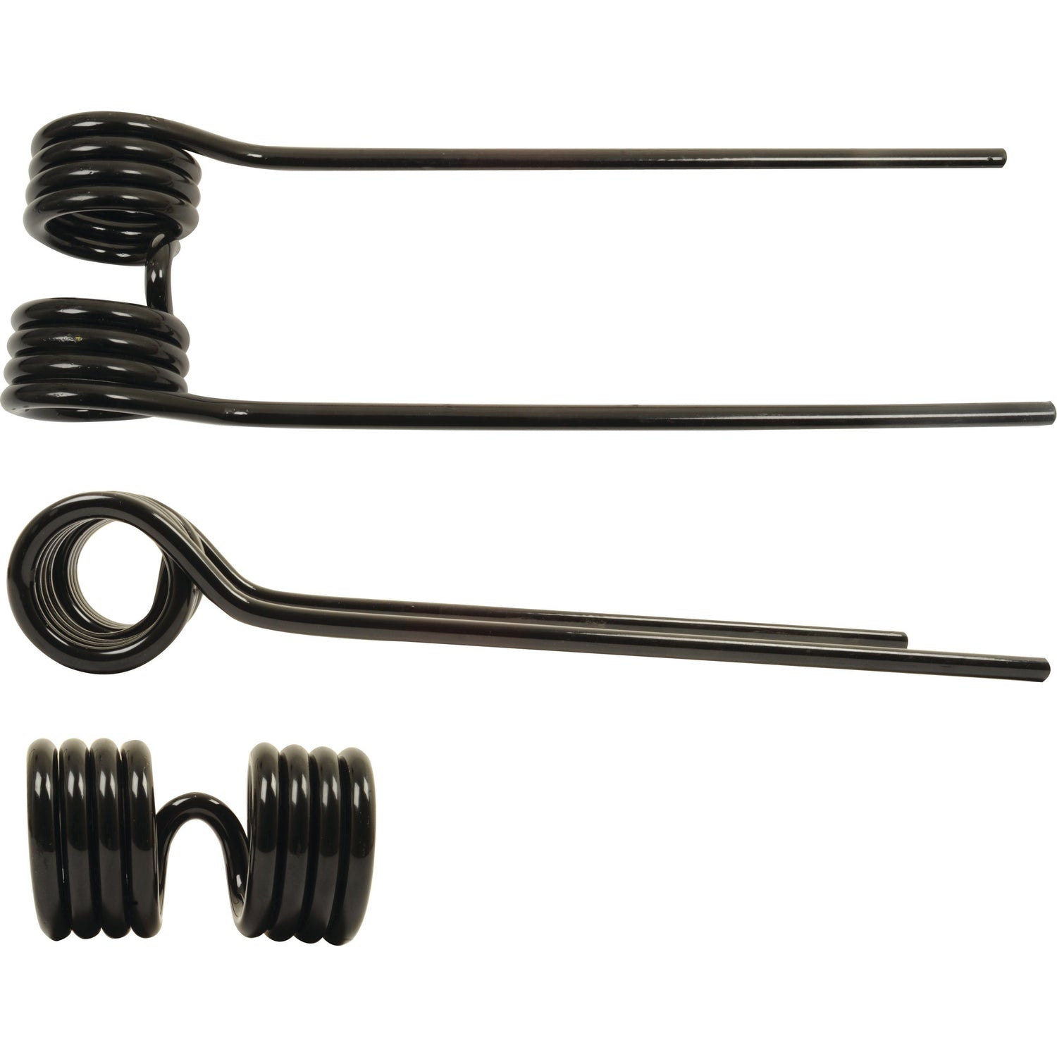 Three Tedder haytines of varying designs and coil arrangements are shown on a white background. Suitable for Kuhn machinery, the haytines have long extended arms and coiled sections. Each Tedder haytine measures 386mm in length, 111mm in width with a diameter of 9.5mm and serves as a replacement for Kuhn part number 57601100. The Sparex Part No.is S.78110.