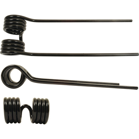 Three Tedder haytines of varying designs and coil arrangements are shown on a white background. Suitable for Kuhn machinery, the haytines have long extended arms and coiled sections. Each Tedder haytine measures 386mm in length, 111mm in width with a diameter of 9.5mm and serves as a replacement for Kuhn part number 57601100. The Sparex Part No.is S.78110.