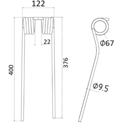 Here is a technical drawing of the Tedder haytine manufactured by Sparex, featuring dimensions as follows: an overall length of 400 mm, a width of 122 mm, and a coil diameter (referred to as RH Length) of 67 mm. The drawing also specifies additional dimensions: a section measuring 22 mm and a smaller diameter of Ø9.5 mm. This part is designed as a replacement for SIP and Twose machines, with reference number 154796000 (Sparex Part No. S.22887).