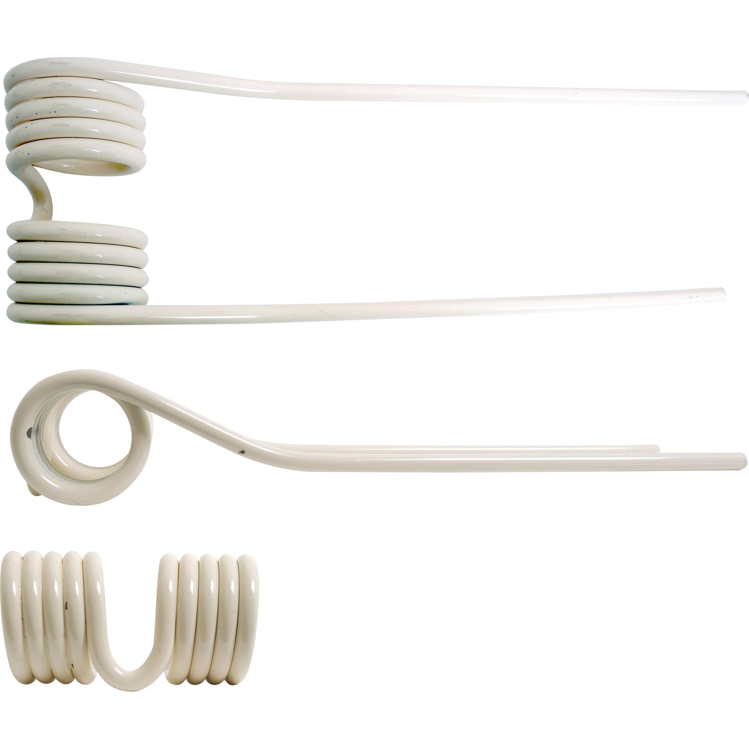 Three Tedder haytines from the Sparex brand are shown, each featuring a coiled end design. Measuring 400mm in length, they are displayed from different angles: side view, top view, and stacked.