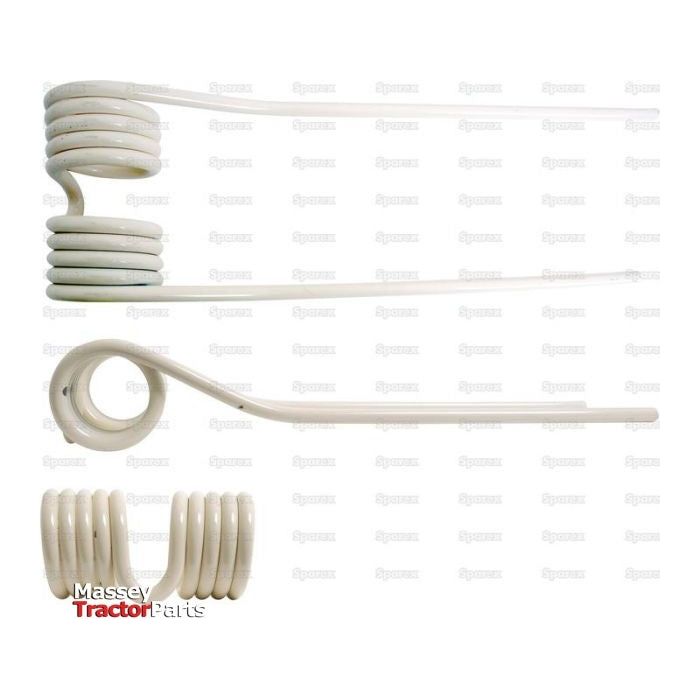 Three different types of coiled metal springs, including the Tedder haytine (model 154796000) with an RH length of 400mm, are displayed against a white background. The "Massey Tractor Parts" logo is visible at the bottom left corner.