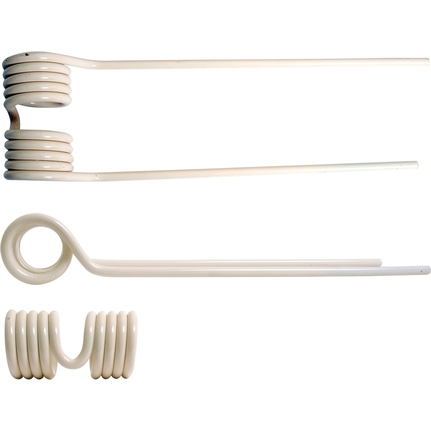 Three white, coiled heating elements in different shapes and lengths are shown against a white background, reminiscent of the precision found in equipment like the Sparex Tedder haytine - RH - Length: 410mm, Width: 115mm, Ø9mm - Replacement for PZ, Vicon (PZ340) | Sparex Part No.S.38427.