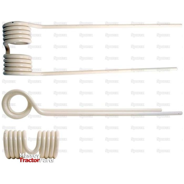 White replacement coil tine, branded Sparex and designed for a Massey Ferguson tractor, shown from various angles to highlight its shape and structure. This tedder haytine measures 410mm in length, 115mm in width, with a diameter of 9mm and is engineered to be compatible with Vicon FANEX 641 systems as well as PZ340 models. It is listed under Sparex Part No.S.38427.