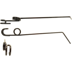 Close-up of two metallic wire pieces with bends and loops, used for securing or fastening. They lie side by side on a white background, showcasing the precision typical of Sparex Grass & Weeder Tine - RH & LH - Length: 526mm, Width: 42mm, Ø8mm - Replacement for Einbock To fit as: 15099 | Sparex Part No. S.78060 equipment.