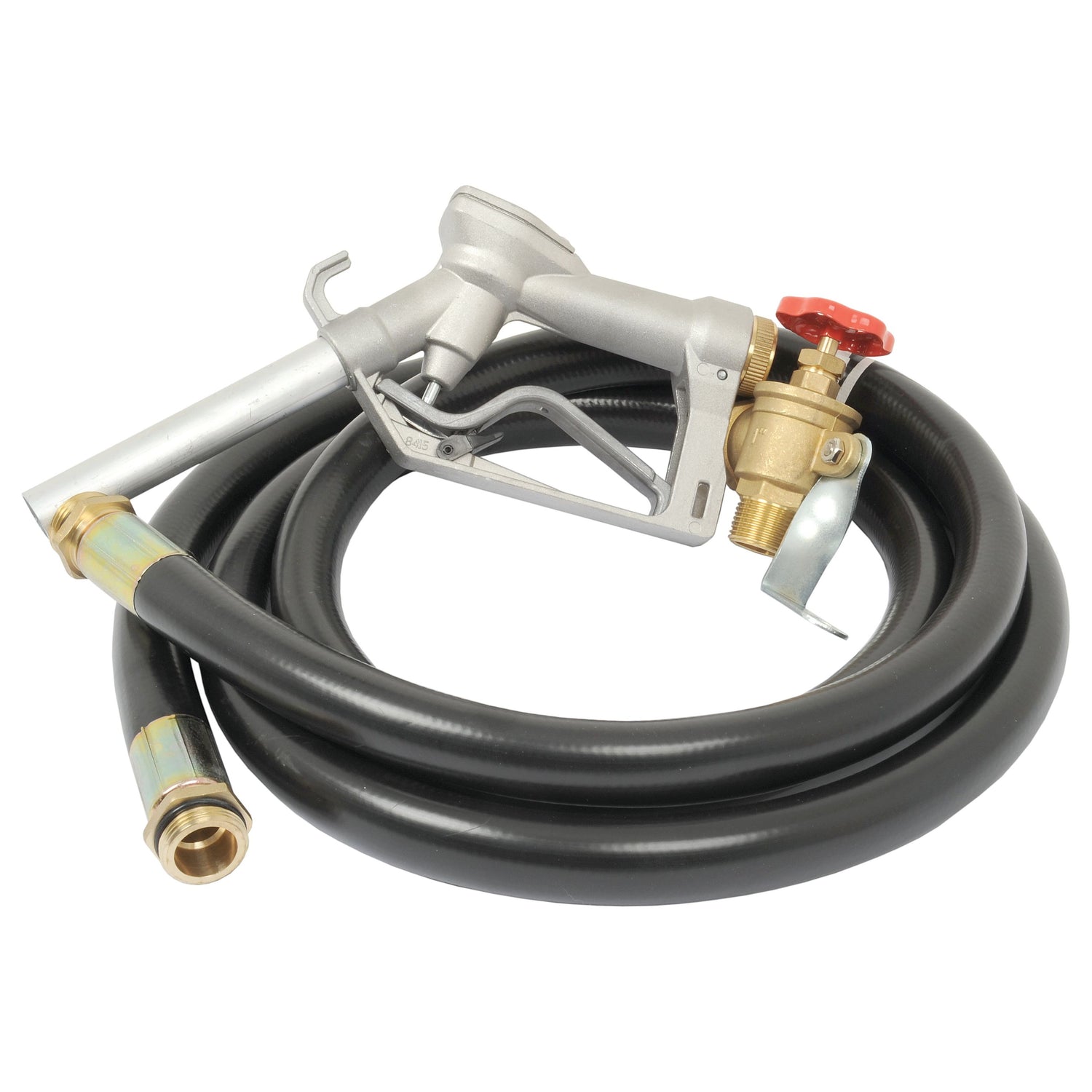 A coiled black fuel hose with a metallic nozzle handle and brass fittings, featuring an adjustable red valve, resembling the high-quality Gravity Feed Hose Assembly by Sparex (Part No.S.8457).