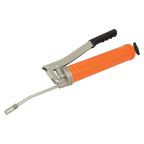 A Sparex Grease Gun - (Extra Heavy Duty) - S.12433, featuring an orange body, a black handle, a silver nozzle, and a high-pressure flexible extension.