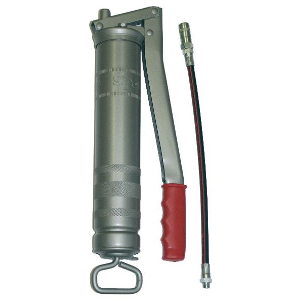 The Sparex Grease Gun - Mato type (Standard Duty) with a flexible tube, S.29359, features a metal lever-action design and a red handle, making it suitable for various maintenance tasks.