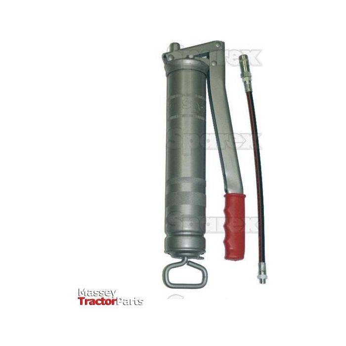 A metal grease gun with a red handle and an attached flexible hose, featuring the branding "Massey Tractor Parts" and "Sparex." Known as the Grease Gun - Mato type (Standard Duty) flexible tube - S.29359, this reliable tool is suitable for various tractor models, ensuring smooth operation and efficient maintenance.