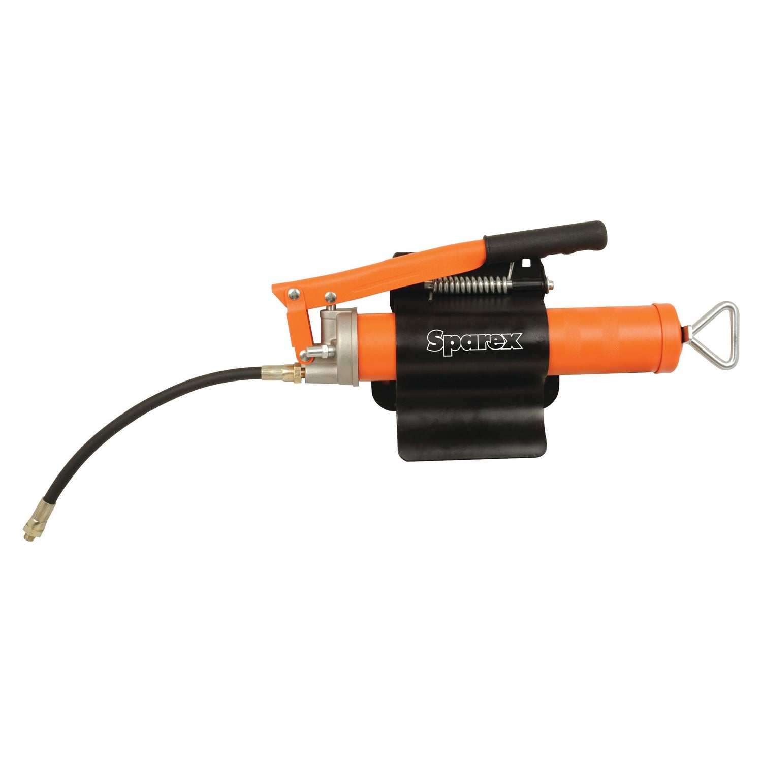 Image of an orange and black grease gun mounting bracket with a black powder-coated finish, branded "Sparex" on the side. This sturdy all-steel construction features a handle, flexible hose, and nozzle. Product Name: Grease Gun Mounting Bracket - S.25454.