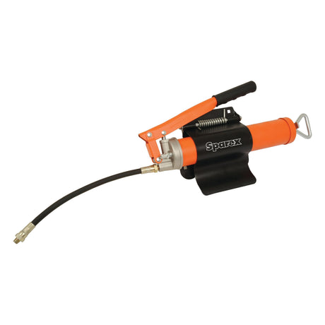 A product from Sparex, the Grease Gun Mounting Bracket - S.25454, offers an orange and black design with a black powder-coated finish, and features a flexible hose along with a lever handle.