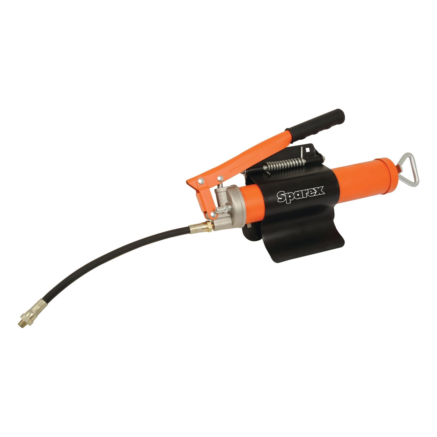 Image of an orange and black Sparex Grease Gun Mounting Bracket - S.25454 with sturdy all-steel construction, a flexible hose, and a manual lever handle.