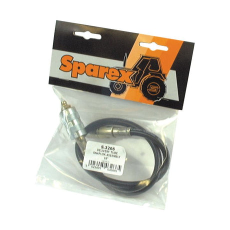 A Sparex Grease Gun Tube - Flexible (1/8'' BSPT) 45cm in original packaging, featuring a black cable with a metal connector. The flexible packaging has a black and orange design, showcasing a tractor illustration in the Agripak style.