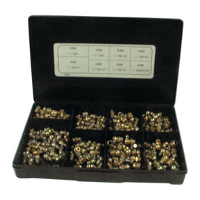 A black plastic compartmentalized box labeled as "Grease Nipples - Imperial (Handipak - 185 pcs.) | Sparex Part No.S.2846" by Sparex, containing various sizes of small metal BSP fittings inside. A chart with measurements is visible on the inside of the box lid.