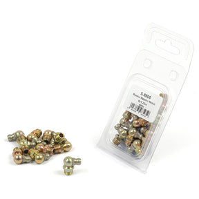 A pack of S.8506 grease fitting nozzles, featuring Sparex branding, is displayed next to scattered nozzles. The label on the pack reads "Grease Nipple | Sparex Part No.S.8506, Metric - 8x12mm," but they are also compatible with thread size M10 for added versatility.