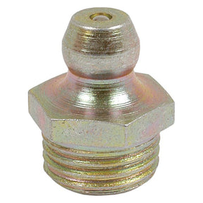 A close-up image of the Sparex Grease Nipple - M10 x 1.50, 0°, featuring a hexagonal base and threaded bottom, also known as Sparex Part No.S.853.