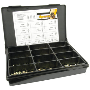 Open black plastic Sparex organizer box containing 280 assorted small metal grease nipples in M6, M8, and M10 sizes (S.68053). The lid features a chart with part numbers and sizes.