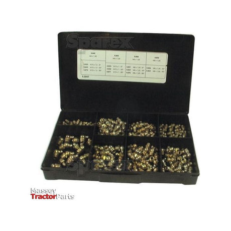 A black box divided into eight compartments contains 180 pieces of assorted small metal fittings, including grease nipples in sizes like M6 x 1mm and M8 x 1mm. The inside lid features specifications, and the box is branded with "Sparex" and labeled with Sparex Part No. S.2847.