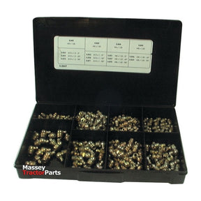 A black plastic box from Sparex, labeled "Grease Nipple - M6, M8, M10 Assorted (Handipak 180 pcs.) | Sparex Part No.S.2847," contains various sizes of brass fittings including M6 x 1mm and M8 x 1mm, organized in separate compartments. A labeling chart with part numbers is adhered inside the lid. The "Massey Tractor Parts" logo is prominently displayed on the box.
